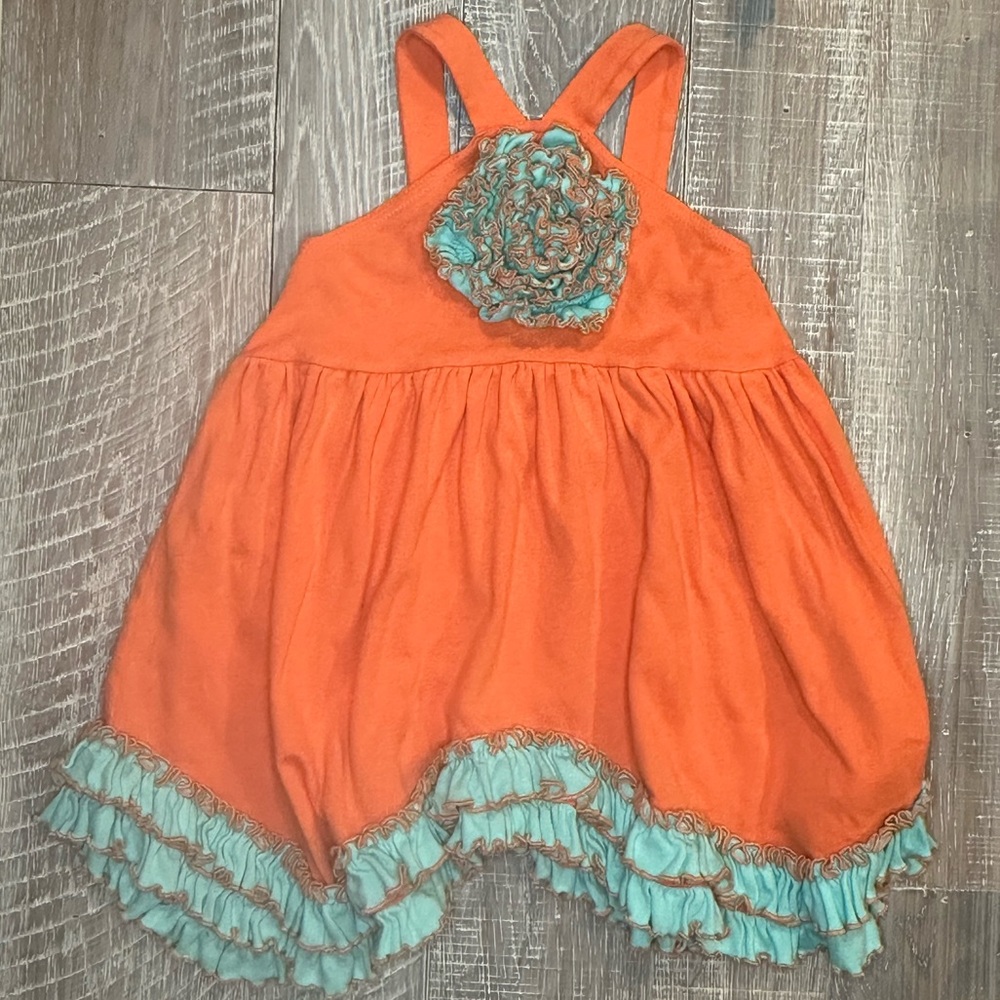 Sam and Sydney Vibrant Orange Dress with Teal Ruffle Hem and Flower